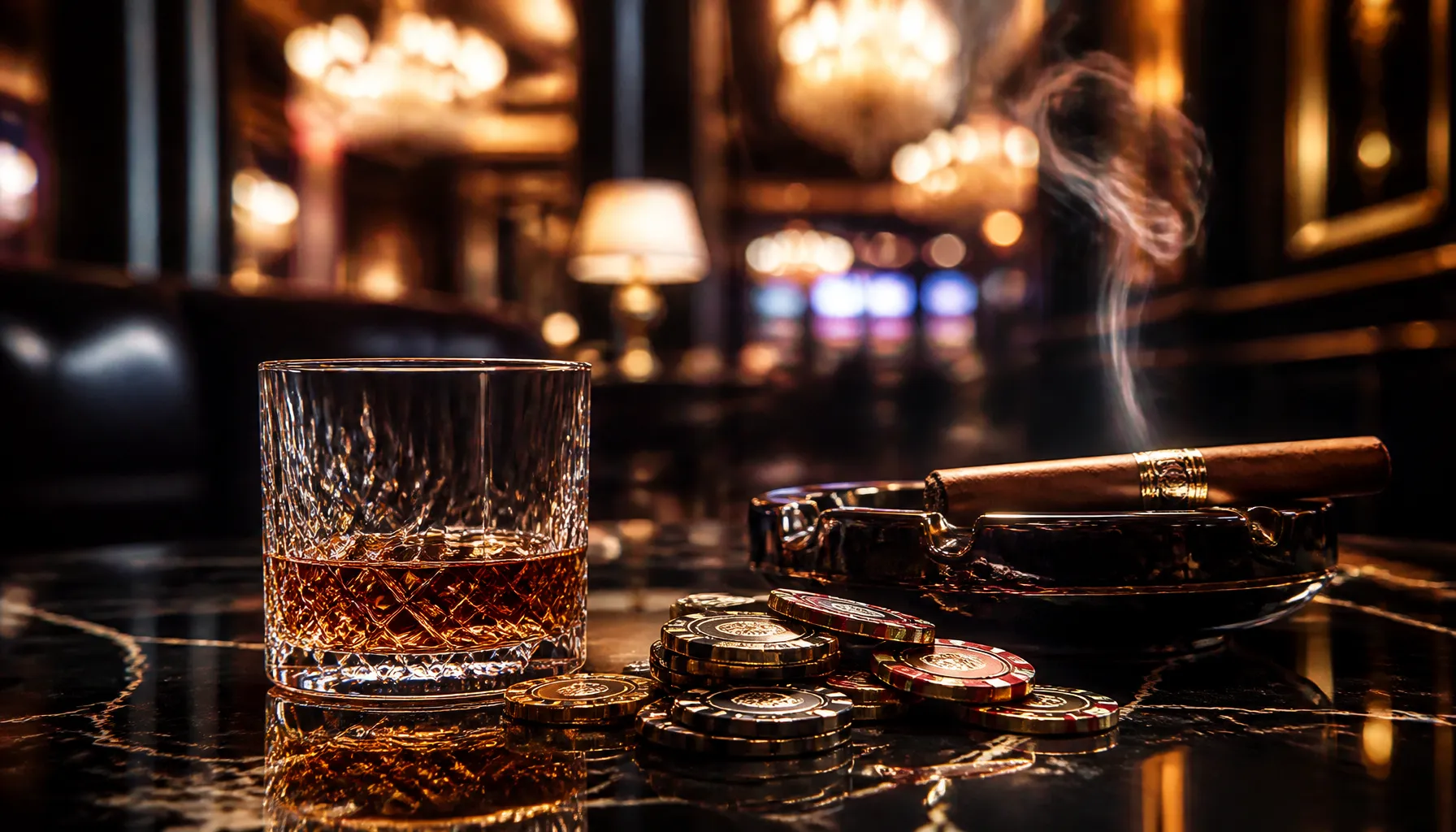 Gleaming gold casino chips beside a lush tropical banana leaf, warm cinematic lighting on a dark mahogany surface