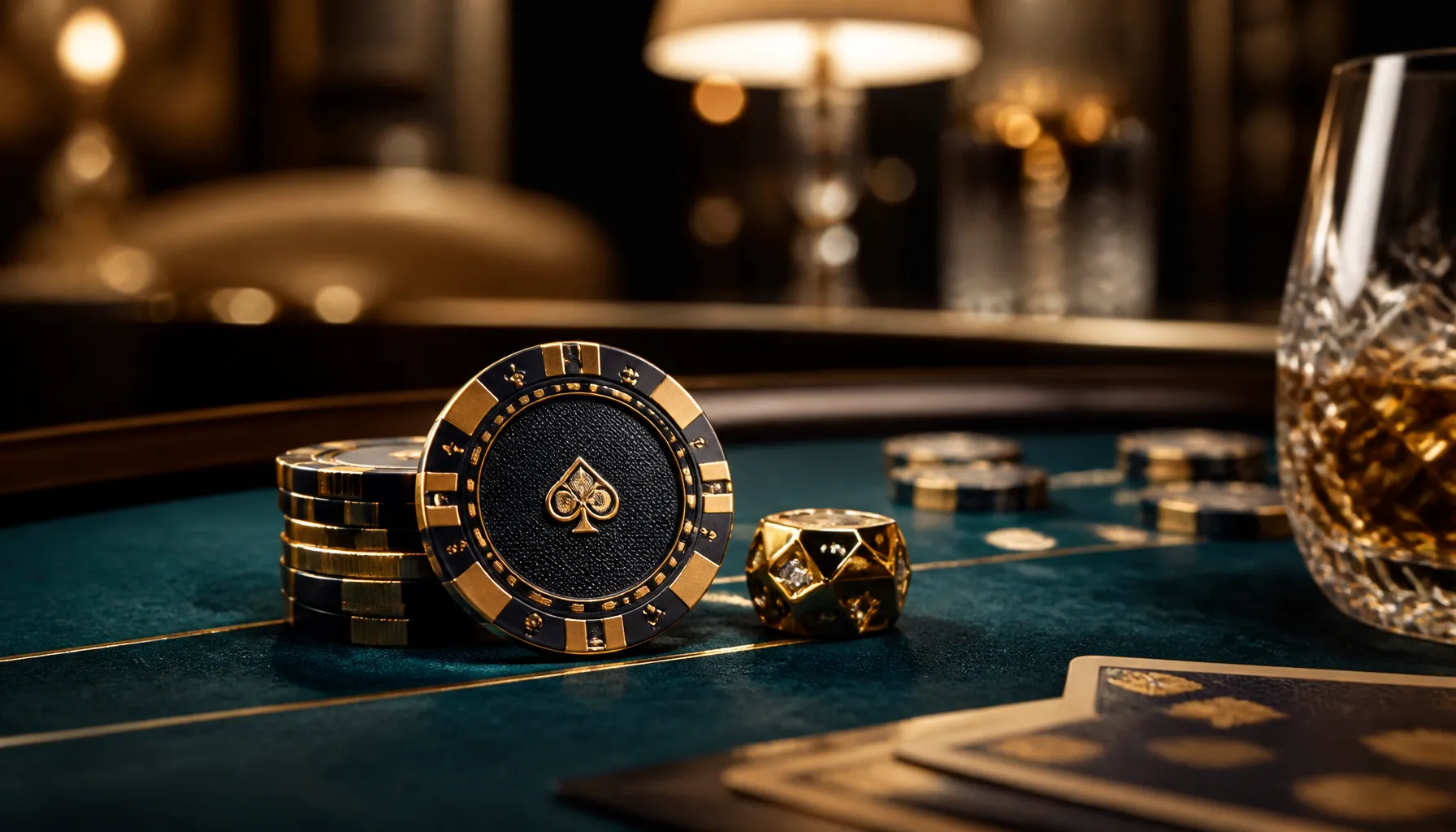 Gleaming gold casino chips beside a lush tropical banana leaf, warm cinematic lighting on a dark mahogany surface