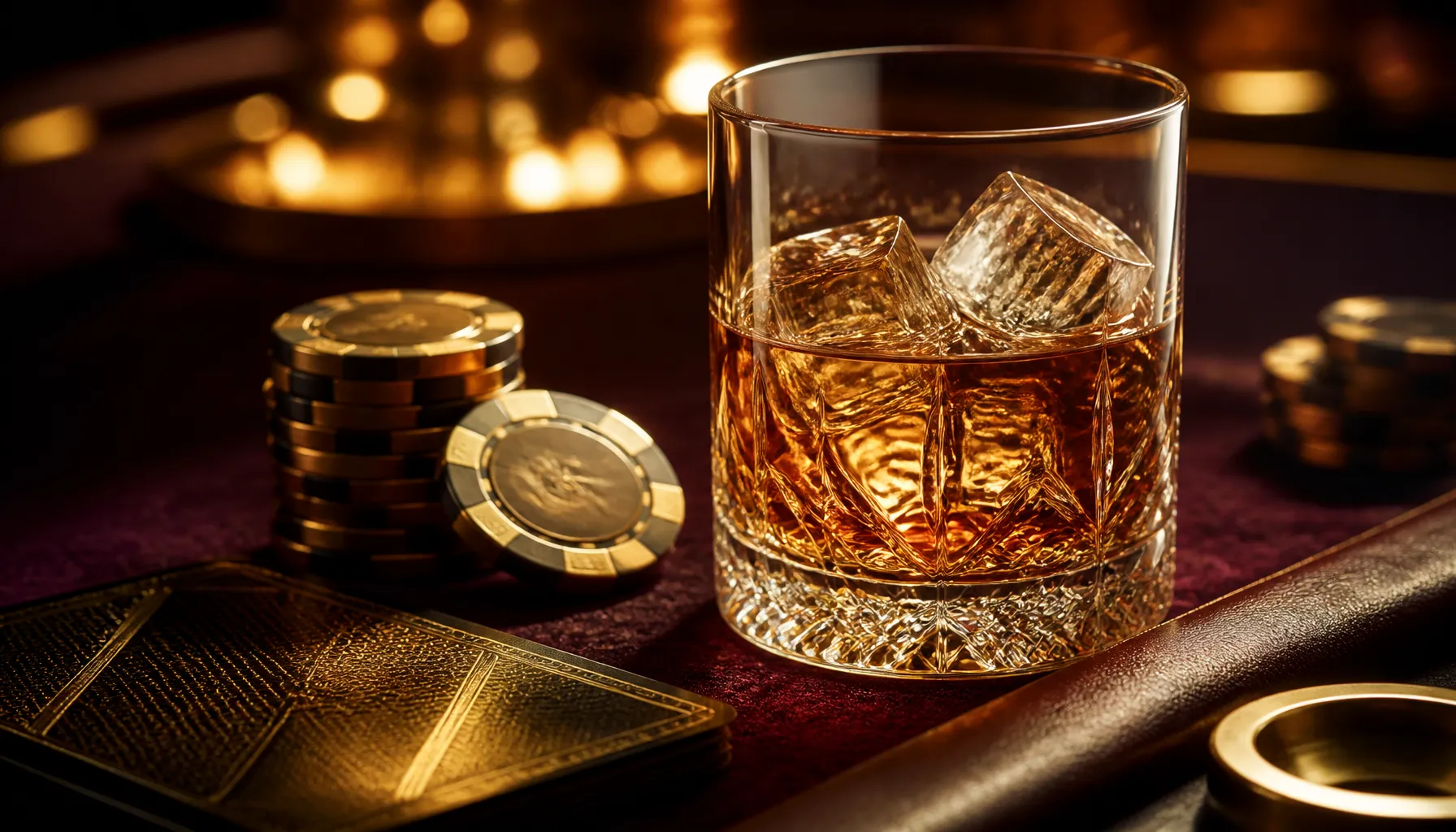Gleaming gold casino chips beside a lush tropical banana leaf, warm cinematic lighting on a dark mahogany surface