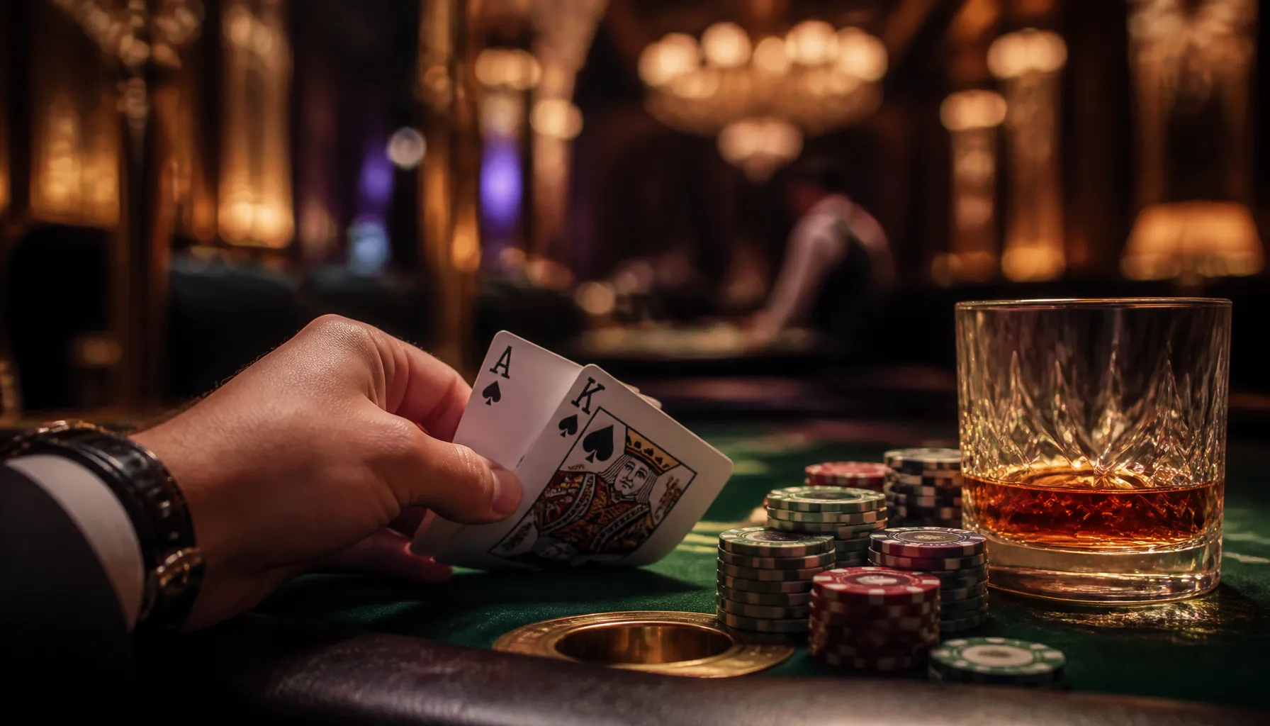 Gleaming gold casino chips beside a lush tropical banana leaf, warm cinematic lighting on a dark mahogany surface