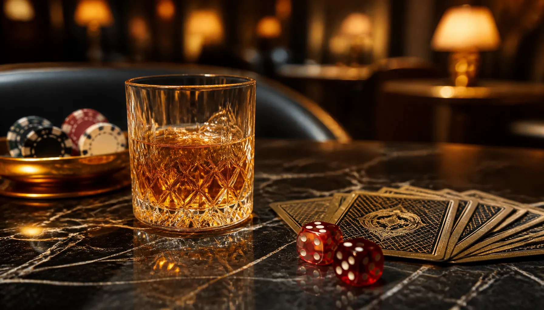 Gleaming gold casino chips beside a lush tropical banana leaf, warm cinematic lighting on a dark mahogany surface
