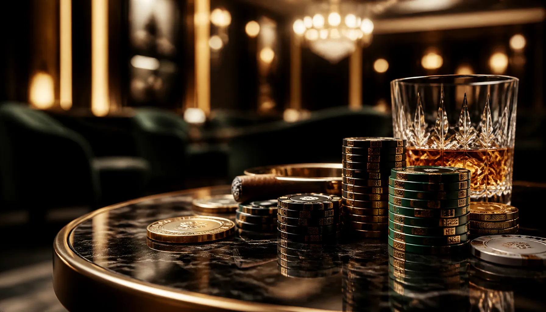 Gleaming gold casino chips beside a lush tropical banana leaf, warm cinematic lighting on a dark mahogany surface